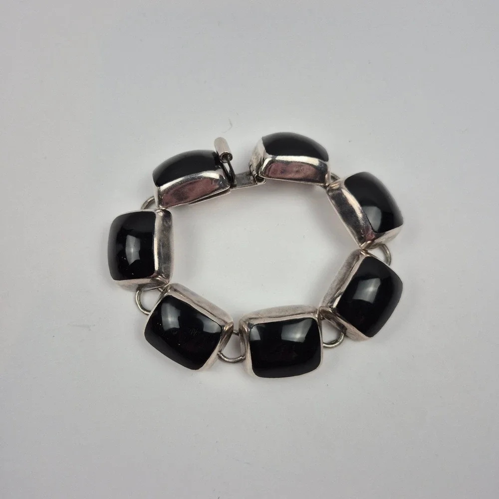 VTG Taxco Sterling Silver Black Onyx Bracelet TZ-17 925 68g Chunky‎ Mexico 6.5